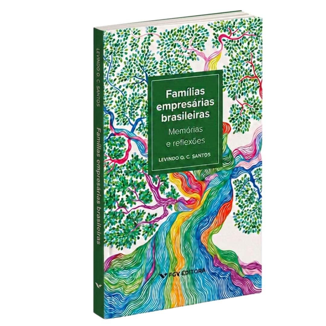 Livro intitulado "Famílias empresárias brasileiras: Memórias e reflexões" com capa ilustrada de uma árvore colorida, publicado pela editora FGV.