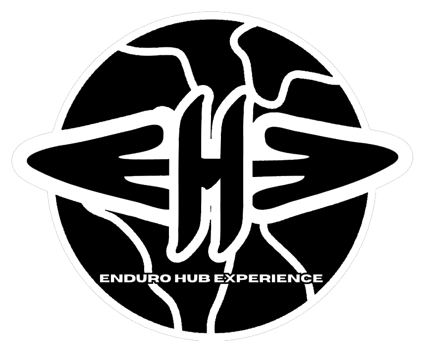 A stylized globe with mountain and land features, integrated with a graphic of a speedometer or gauge, along with the text 'ENDURO HUB EXPERIENCE' at the bottom.