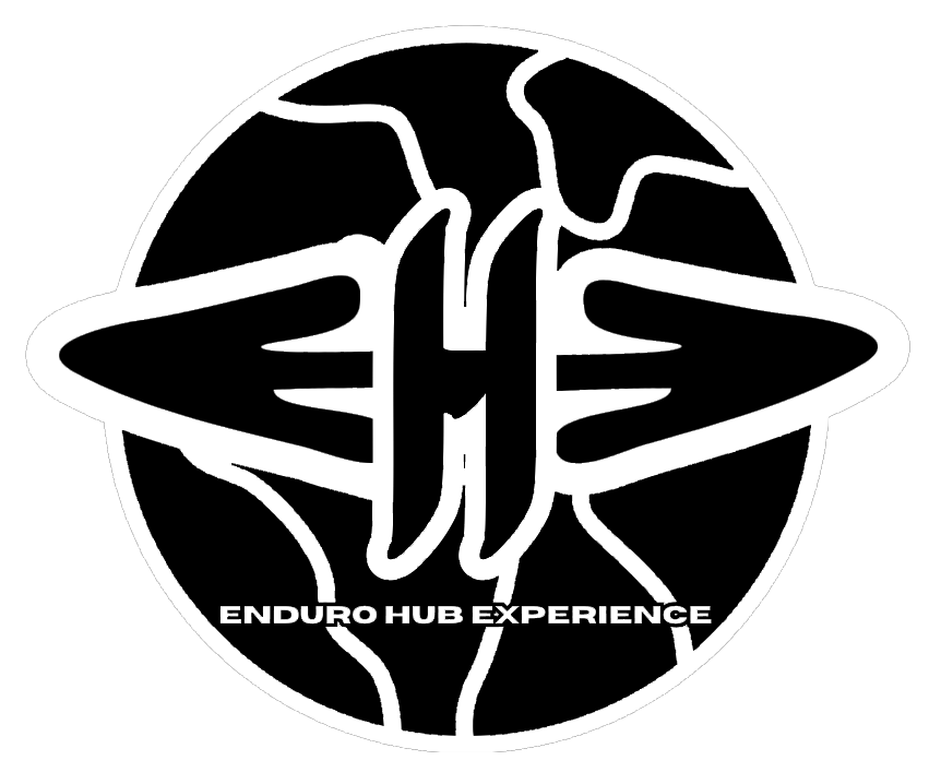 Logo for Enduro Hub Experience featuring a stylized globe with a mountain bike chainring and mountains.