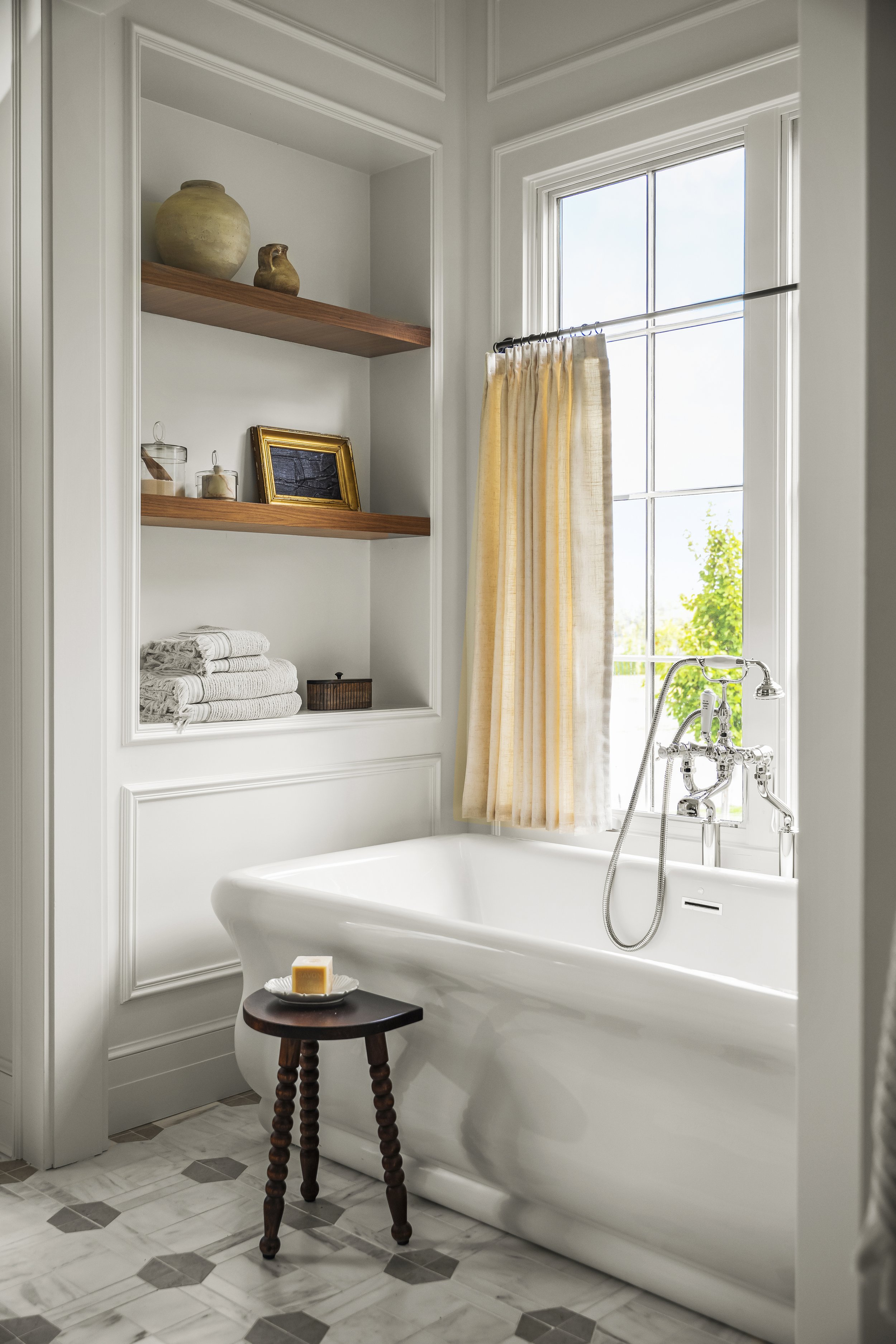 Beautiful primary master bathroom design in custom home in Indiana