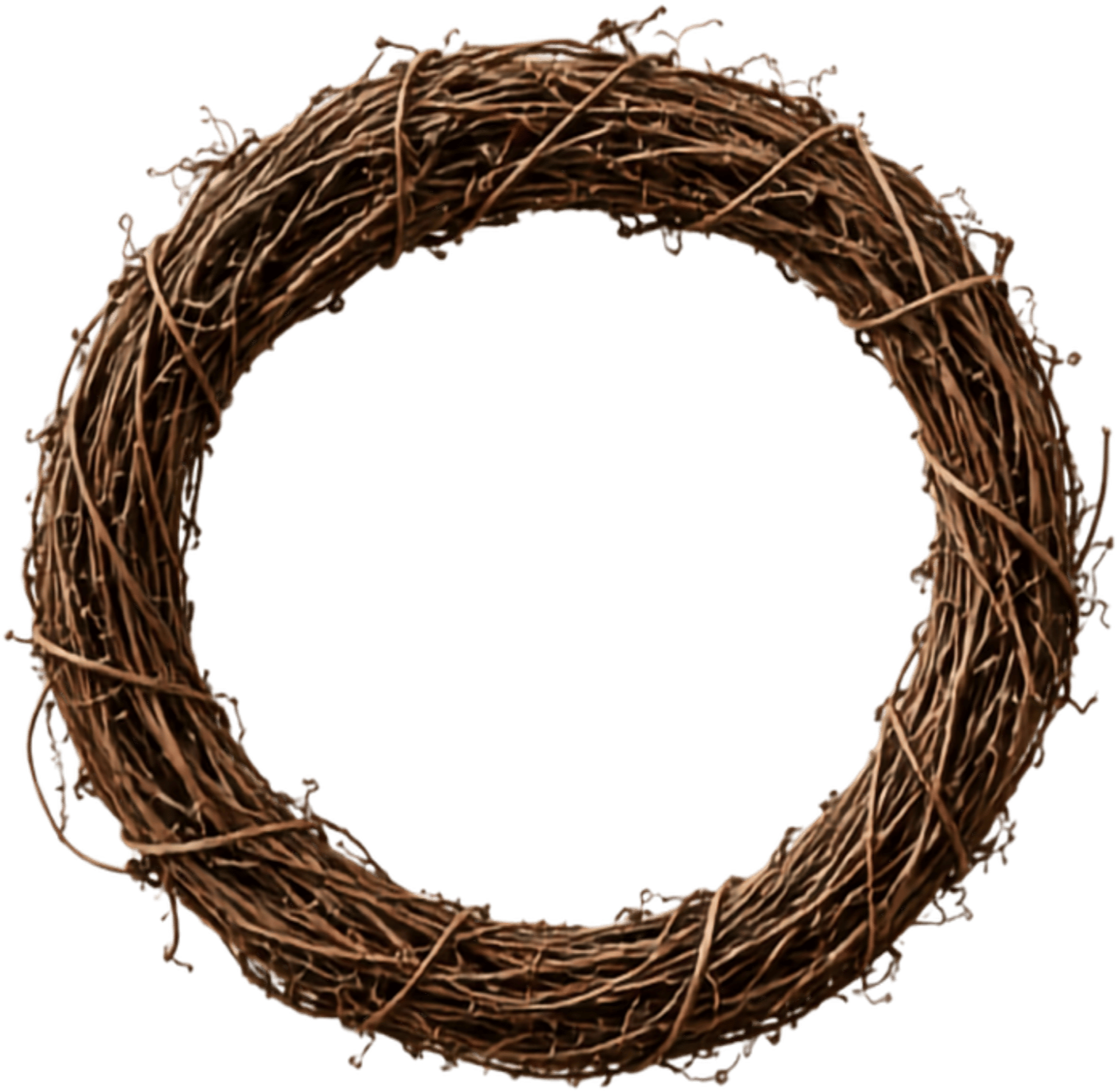 A circular wreath made of intertwined, dried brown twigs.