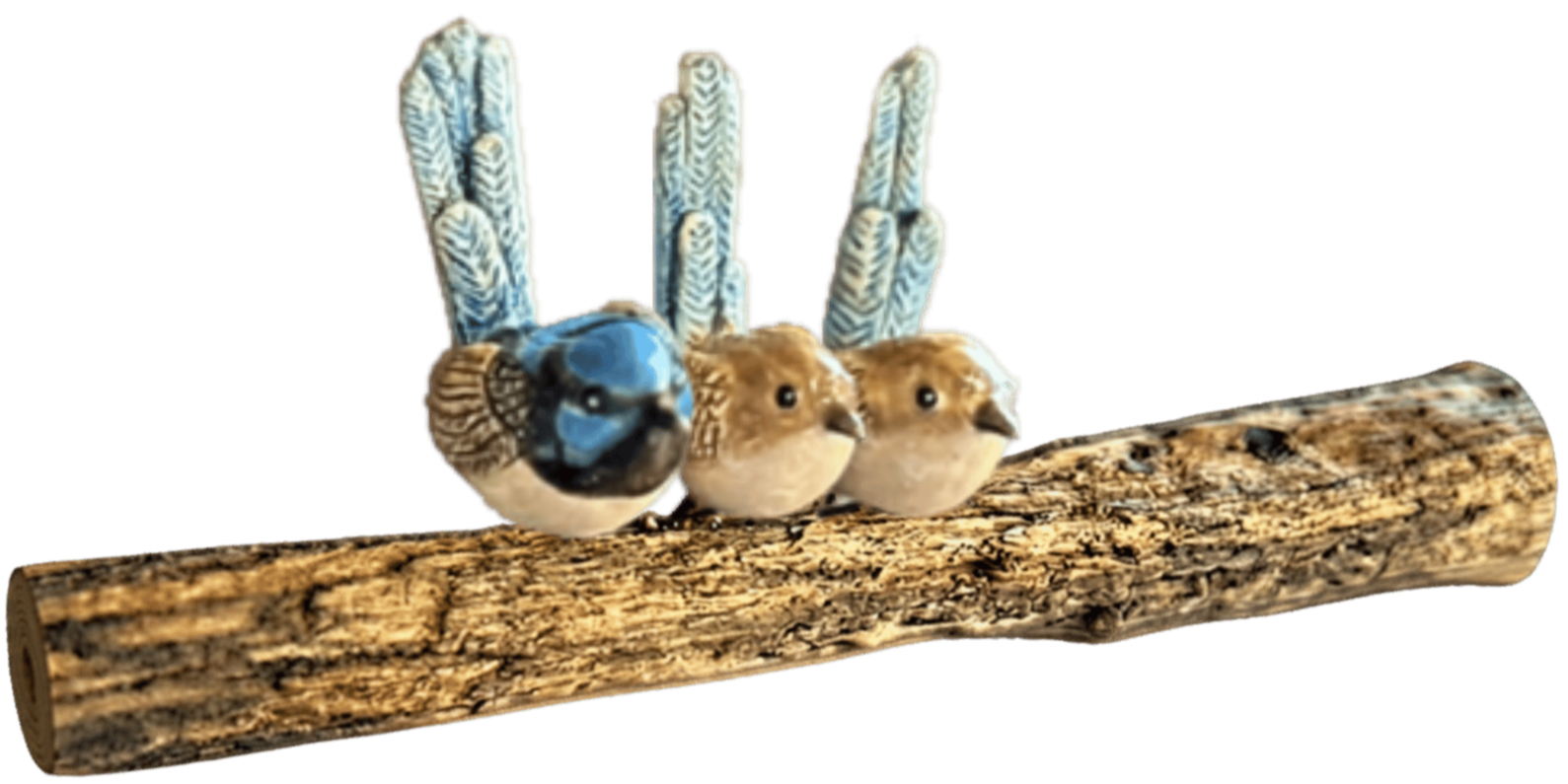 Decorative item featuring a log with three small bird figurines and a craft bird with feathers, beads, and painted details.