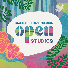 Colorful logo for Margaret River Region Open Studios with floral and foliage illustrations