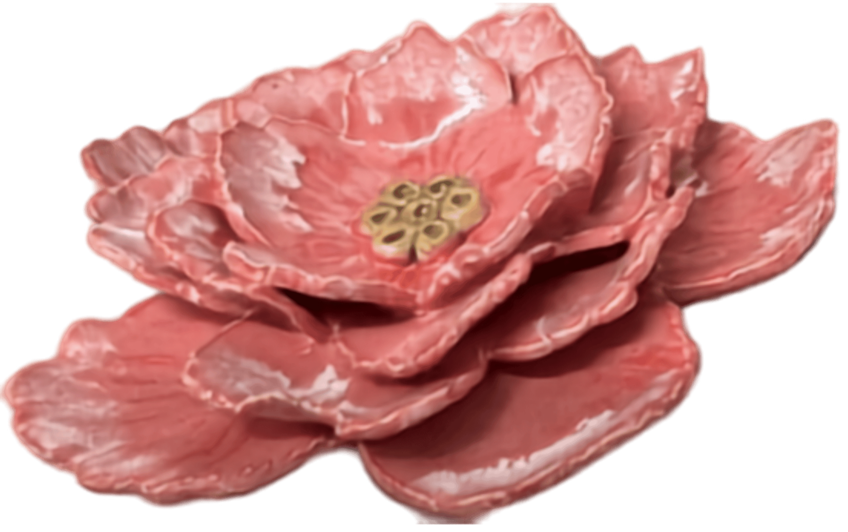 Close-up of a pink, layered flower. The center contains a yellow structure with dark markings.