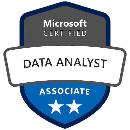 Microsoft Certified Data Analyst Associate certification badge with gray, white, and blue colors.