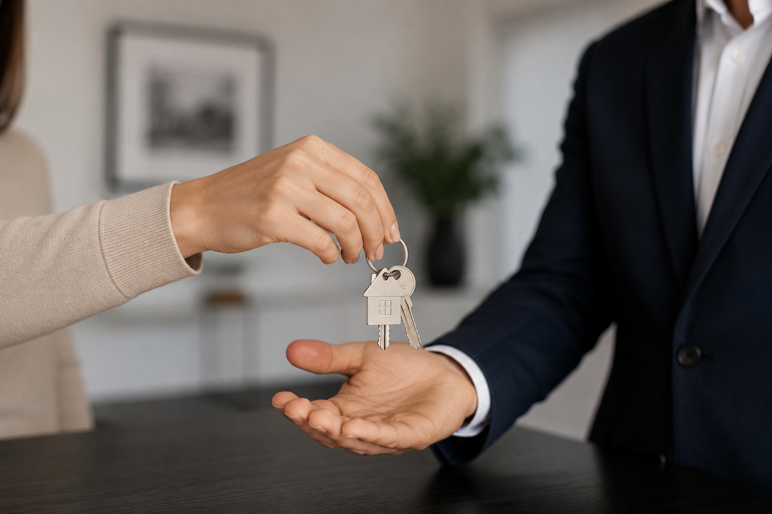 Person handing over keys with a house and keychain to another person.