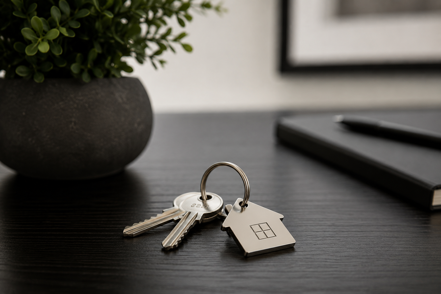 Set of house keys with a house-shaped keychain on a dark wooden desk