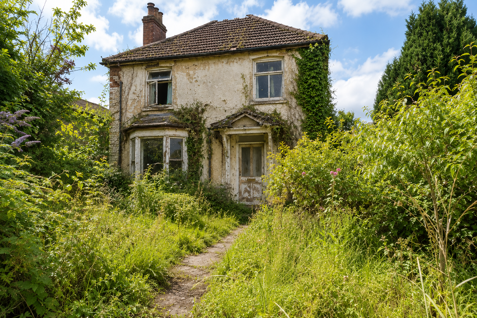 Abandoned two-story house with overgrown garden, peeling paint, and broken windows in a rural setting.
