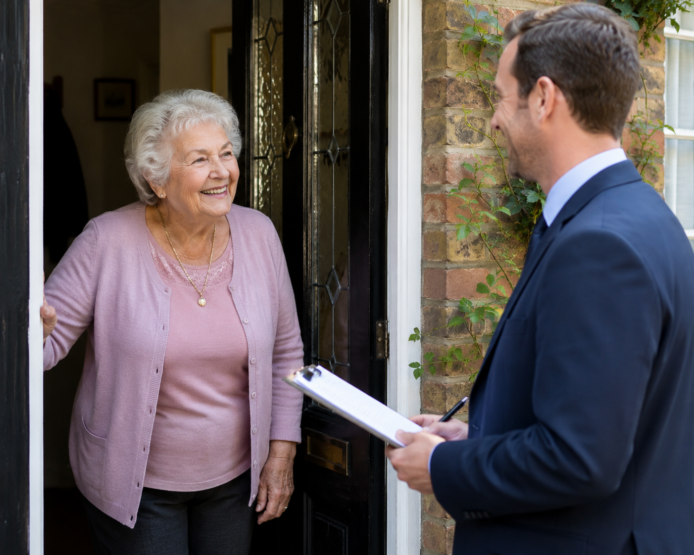 An elderly woman smiling and standing at her front door, talking to a man in a suit who is holding a clipboard outside her house.