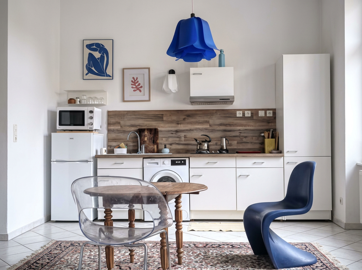 Cuisine moderne avec des meubles blancs, un éclairage suspendu bleu, un micro-ondes, un réfrigérateur, une machine à laver, une évier, deux chaises, un tapis, et des décorations murales.