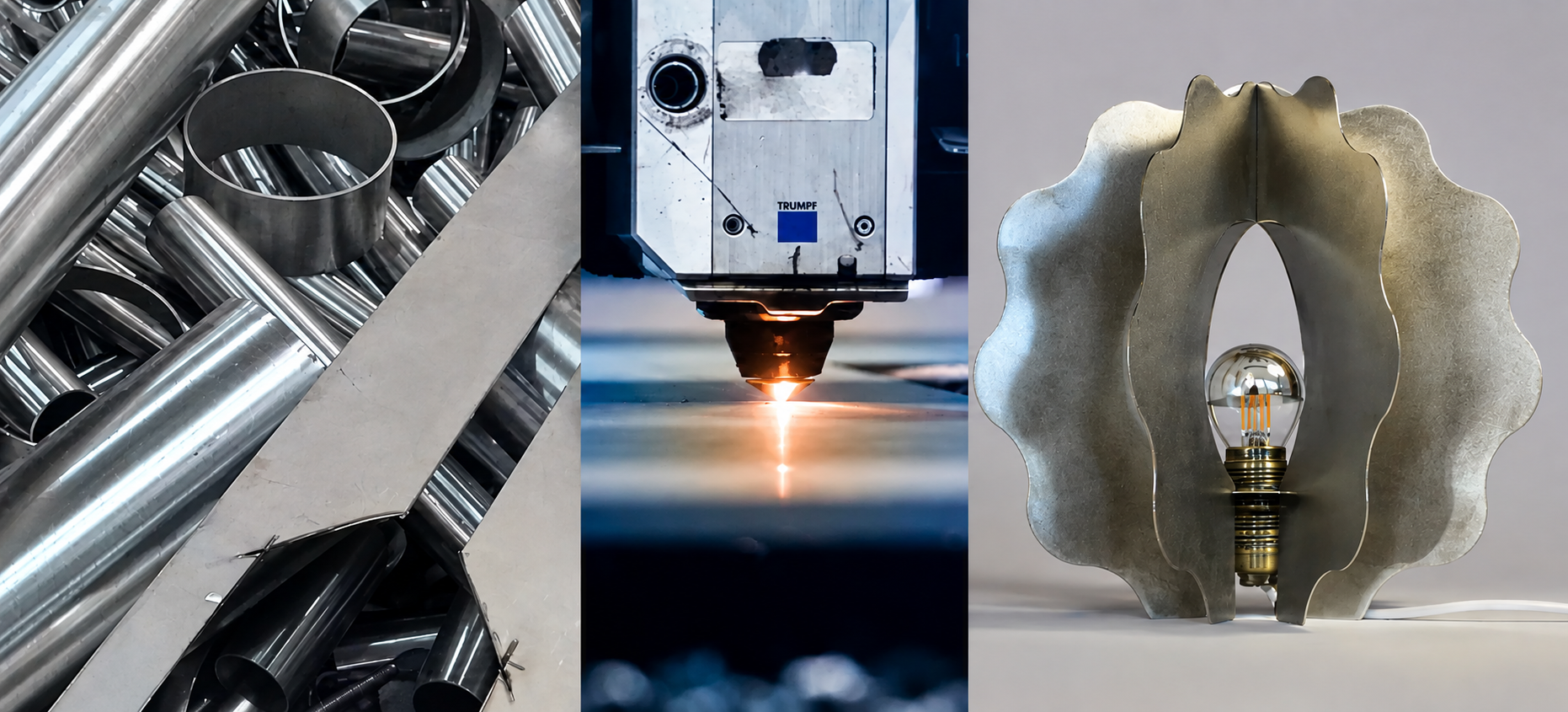 Trois sections distinctes montrant des processus de fabrication industrielle : à gauche, des tubes métalliques empilés, au centre, une machine de soudage avec une étincelle en action, à droite, une ampoule électrique insérée dans une structure métallique décorative.