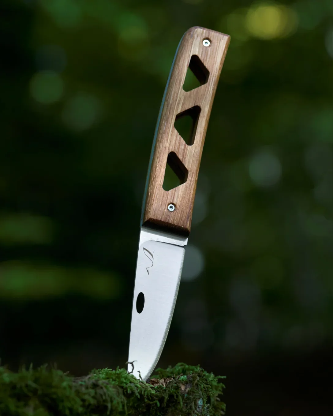 Un couteau avec une lame en métal et un manche en bois, planté dans un morceau de mousse ou de terre, contre un fond flou vert.