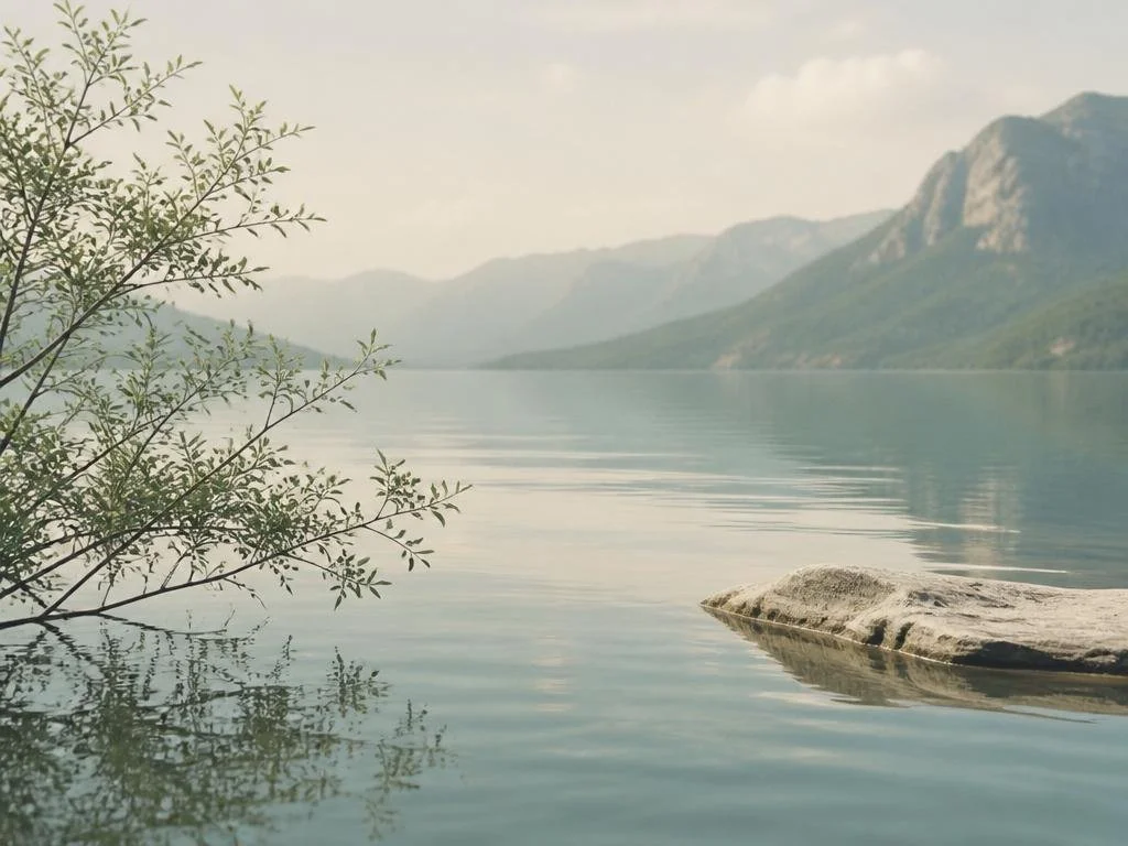 Blick auf einen ruhigen See mit Bergen im Hintergrund, ein Baumzweig im Wasser und ein flacher Stein im Wasser im Vordergrund.