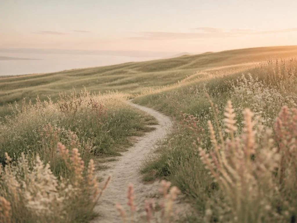 Sandweg durch eine blühende Wiese mit Gräsern und Blumen bei Sonnenuntergang.