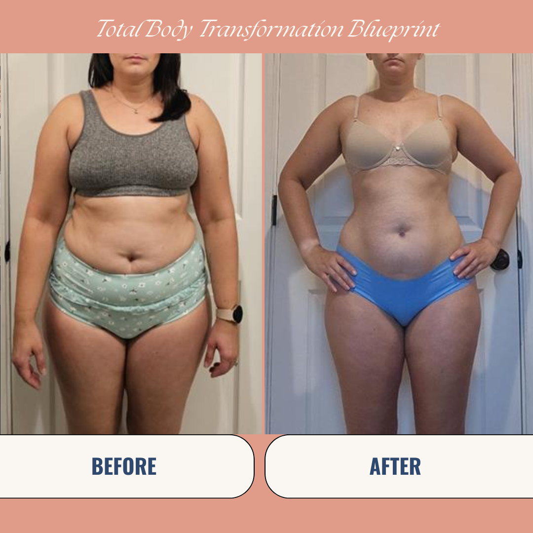 Side-by-side comparison showing a woman's transformation before and after a body transformation program. The before image depicts her wearing a gray sports bra and light green shorts, while the after image shows her in a beige bra and blue shorts, with a more toned physique.