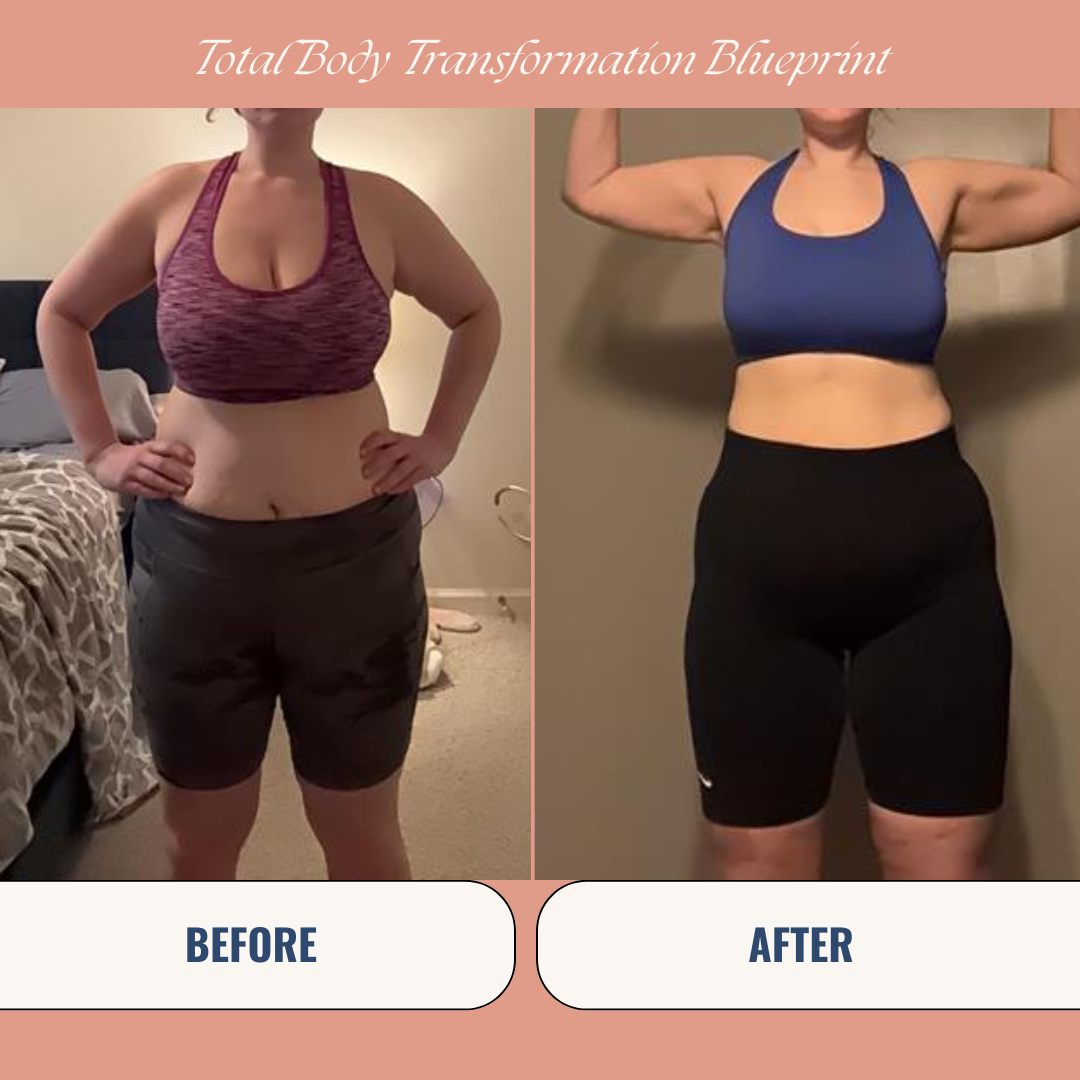 Side-by-side photos showing a woman's fitness transformation. The "before" photo on the left shows her with a fuller figure, wearing a purple sports bra and black shorts. The "after" photo on the right shows her with a more toned physique, wearing a blue sports bra and black shorts, flexing her arms.