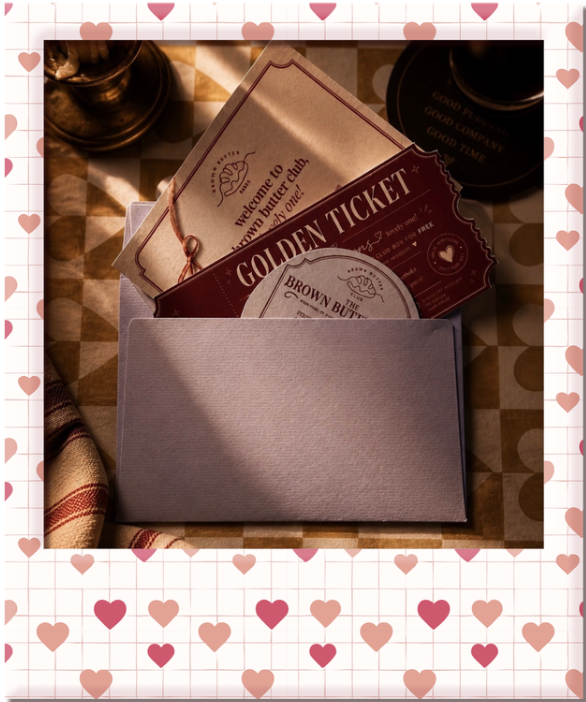 A collection of brown paper tickets and notes inside a gray envelope on a checkered table with a heart-patterned border.