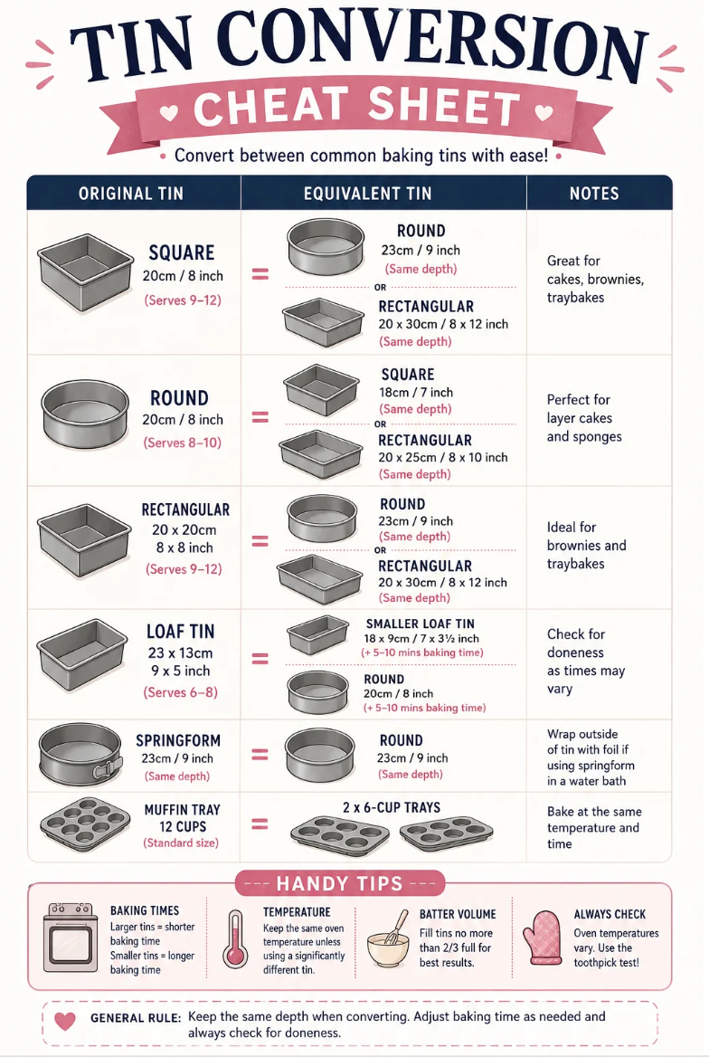 Baking Tin Conversion Cheat Sheet