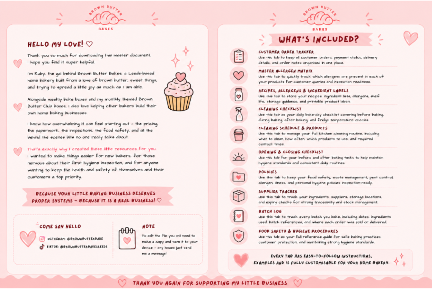 Pink and white bakery business guide titled 'Brown Butter Bakes' with a cupcake illustration, various checklists and icons, and a message from the baker, Ruby. Contains sections for resources, policies, and procedures for home bakery owners.