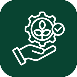 A hand holding a gear with a leaf inside, symbolizing environmental sustainability or eco-friendly technology.