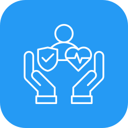 Icon of two hands holding a person with a shield and heart symbols