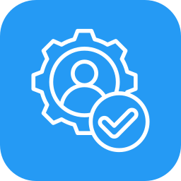 Icon of a person within a gear, with a checkmark in a circle, representing user settings or verification.
