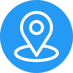 An icon of a map pin on a blue circular background.