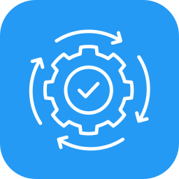 Illustration of a gear with checkmark in the center, surrounded by arrows indicating process or cycle, on a blue background.