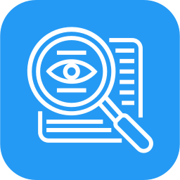 Icon of a document with an eye symbol and a magnifying glass, representing inspection or analysis.