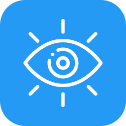 Icon of an eye with rays emanating from it on a blue background.
