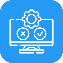 Illustration of a computer monitor with a gear icon above, and check and cross marks on the screen, representing settings or system status.