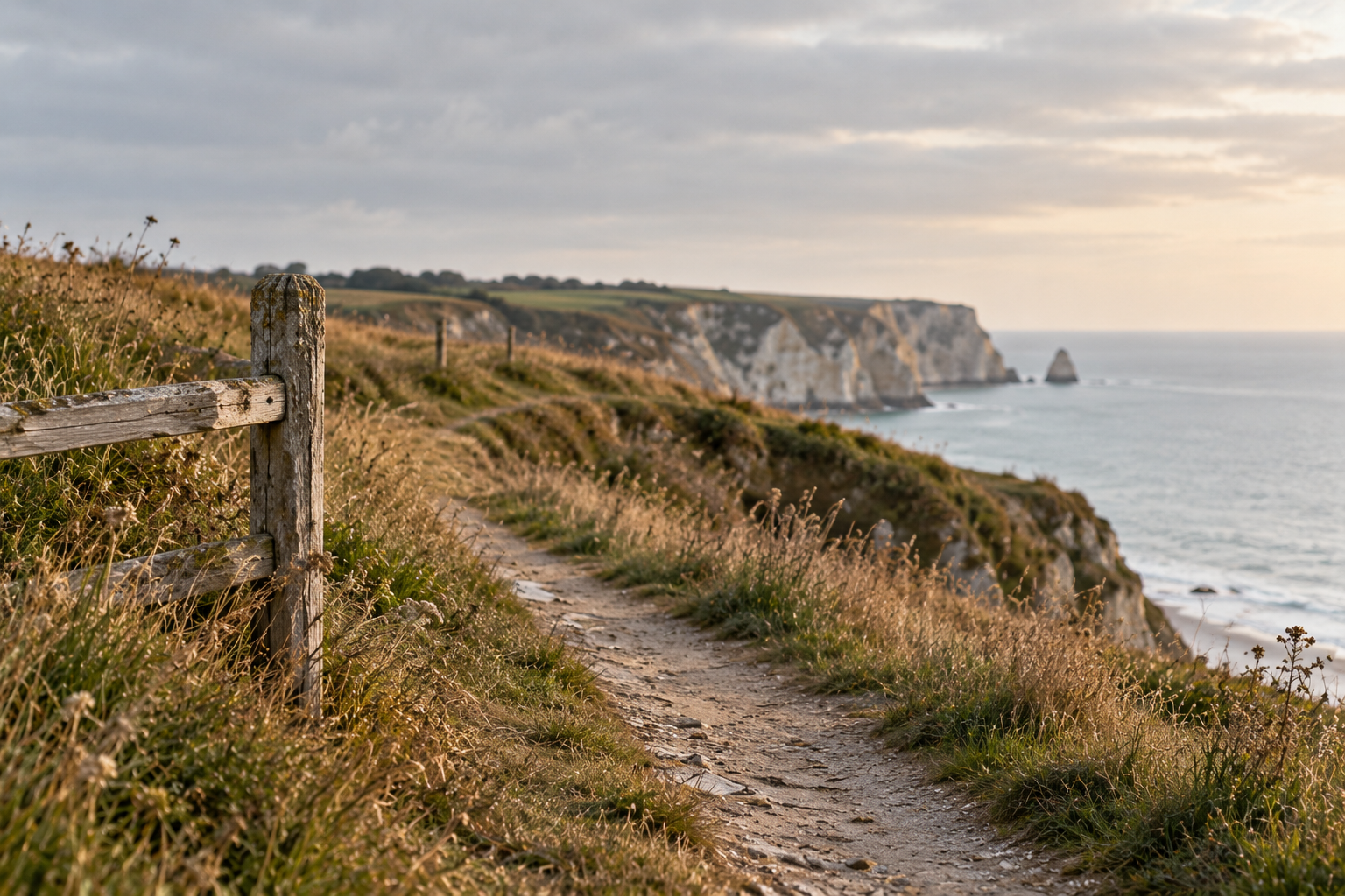 Chemin côtier en terre battue bordé de végétation avec une clôture en bois, dominant la mer avec des falaises blanches en arrière-plan, sous un ciel nuageux au coucher du soleil.
