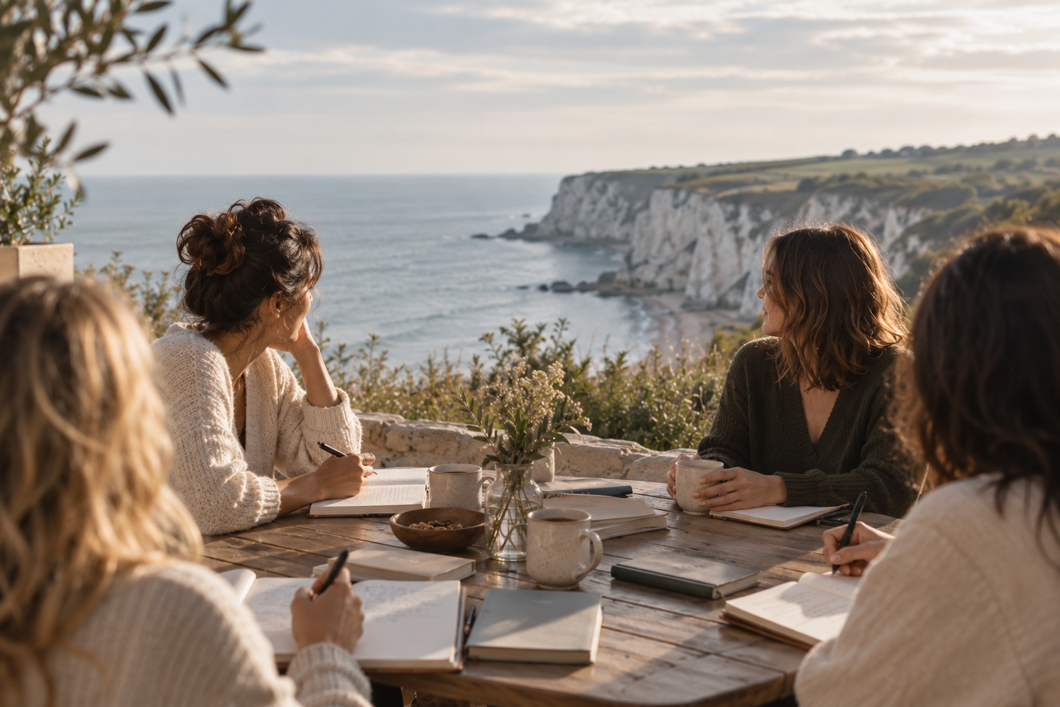 Groupe de femmes discutant autour d'une table en plein air face à la mer et des falaises blanches, avec des livres, des notebooks et des tasses