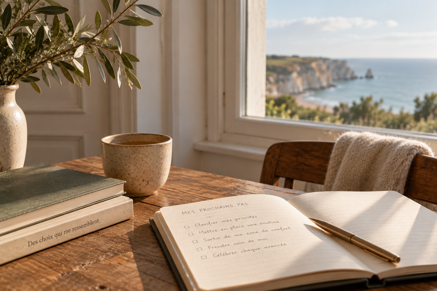 Une table en bois avec un livre ouvert, un stylo, une tasse de thé, et deux autres livres empilés. En arrière-plan, une grande fenêtre avec vue sur la mer et des falaises, une plante verte à gauche.