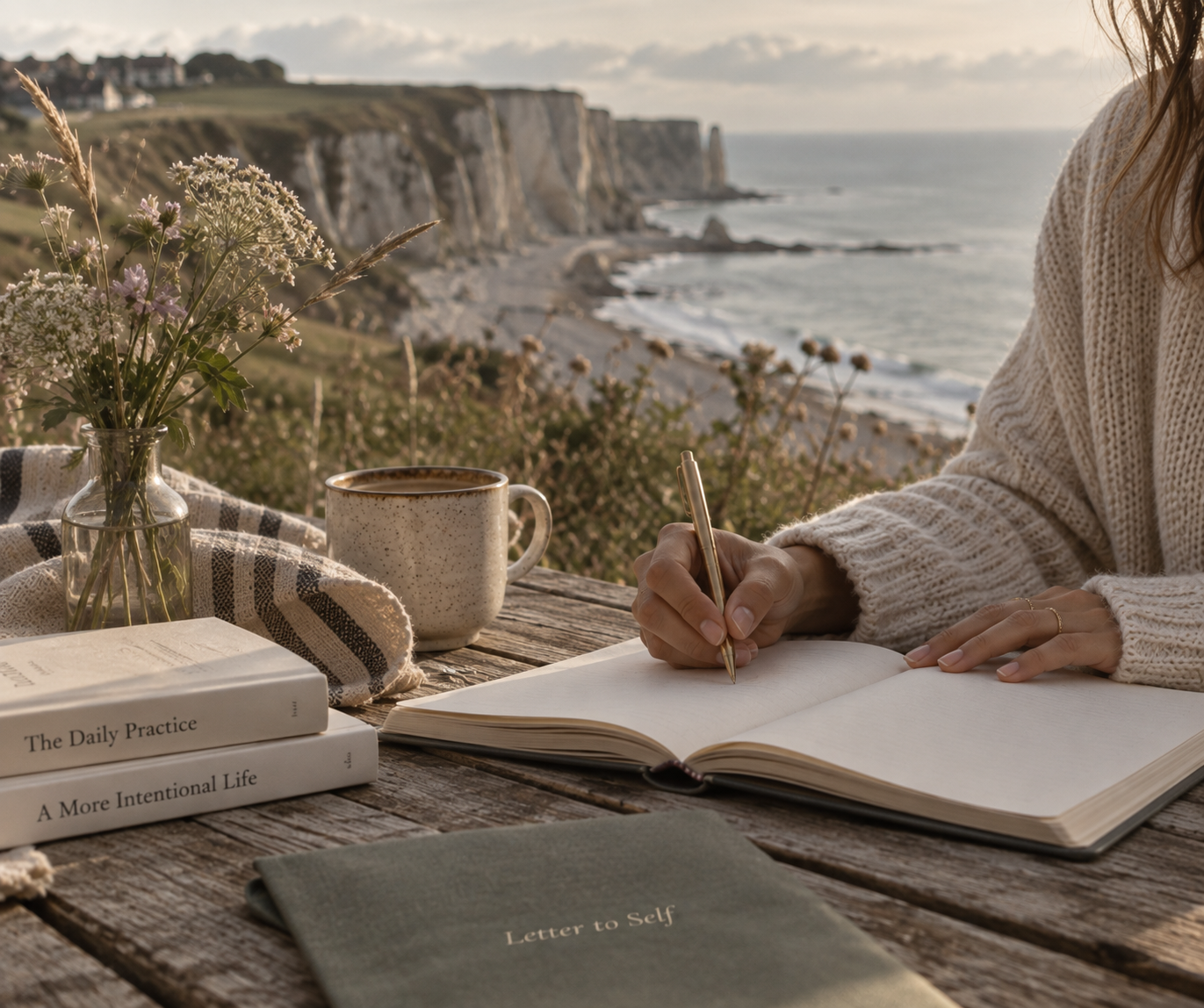Une personne écrit dans un carnet à côté d'une tasse, des livres, une vache en verre avec des fleurs, un carnet 'Letter to Self' sur une table en bois, avec une vue sur la côte avec des falaises et l'océan au coucher du soleil.