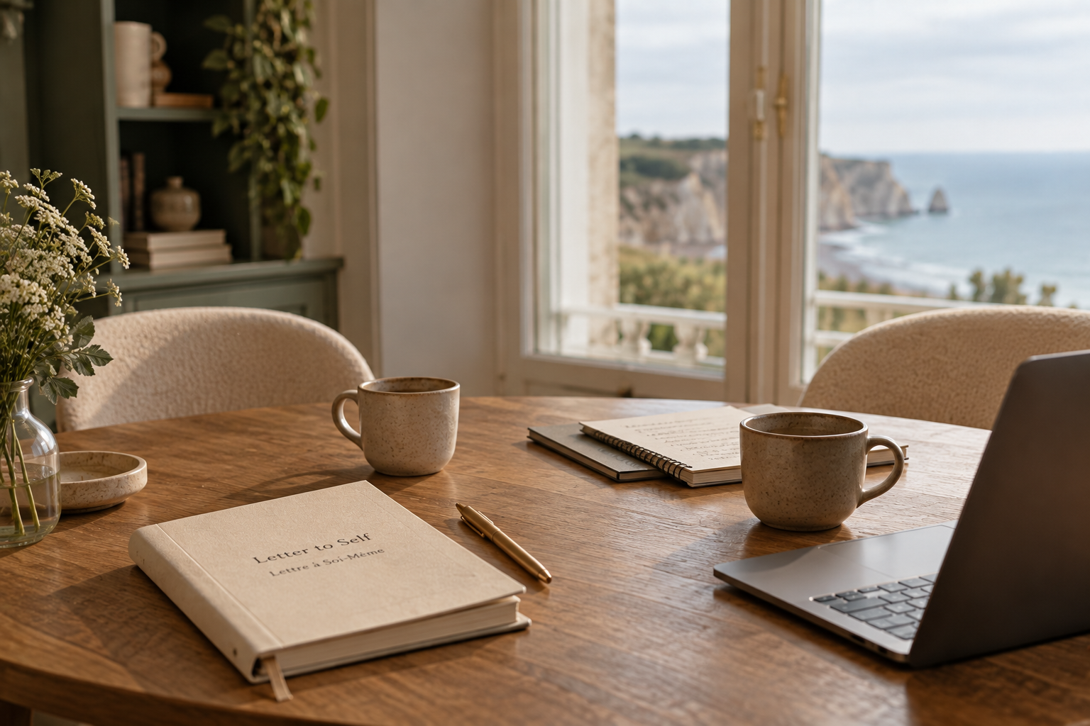 Un bureau en bois avec un carnet intitulé 'Letter to Self' à côté d'un stylo, deux tasses, une tasse d'ordinateur portable, deux cahiers, une vase avec des fleurs et une étagère avec des livres. Fenêtre ouverte montrant une vue sur la mer et des falaises en arrière-plan.