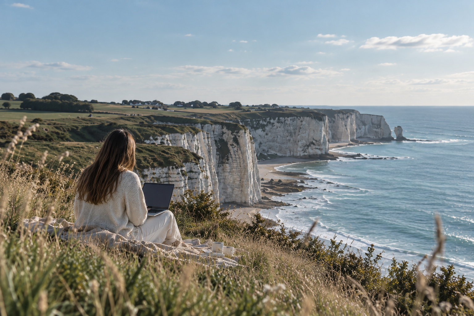 Une femme assise dans l'herbe avec un ordinateur portable, regardant les falaises blanches et la mer au-dessus d'une plage en Normandie, France.