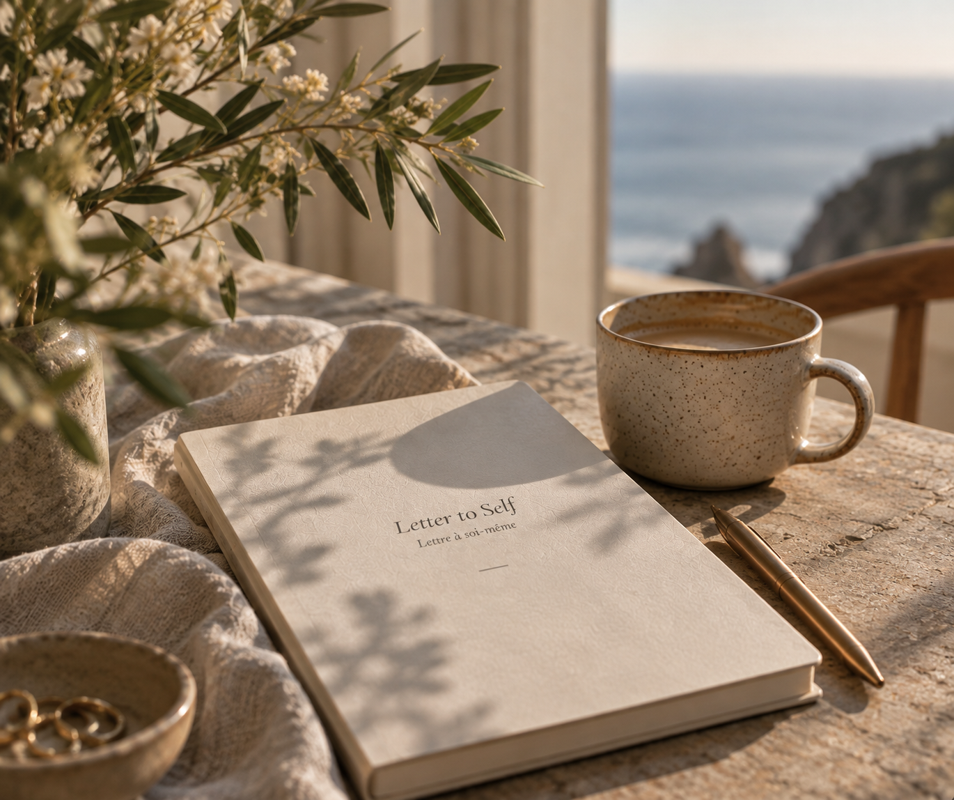 Un carnet intitulé 'Letter to Self' avec la version française 'Lettre à soi-même', une tasse de café ou de thé, un stylo, un vase avec des fleurs, et un fond de vue sur la mer, le tout disposé sur une table en pierre pendant la journée.