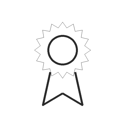 Une icône de médaille ou de badge avec un cercle au centre et des rayures autour, symbolisant une récompense ou une distinction.