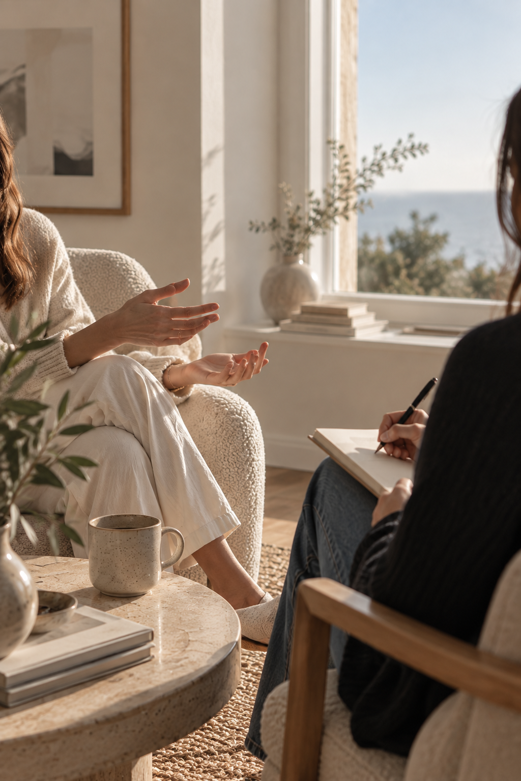 Deux femmes participent à une séance d'entretien dans un salon lumineux avec vue sur la mer, mobilier beige et décor épuré.