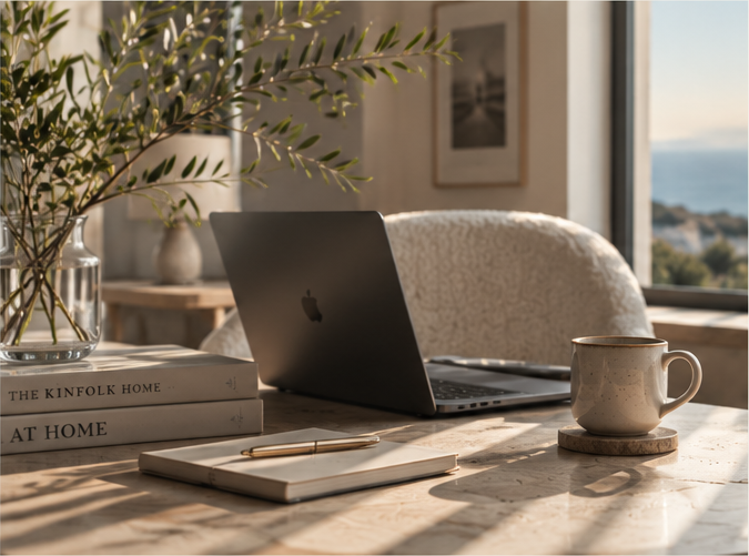 Un bureau avec un ordinateur portable, un carnet avec un stylo, un mug, des livres, un vase avec des fleurs, et une vue sur la mer depuis une fenêtre.