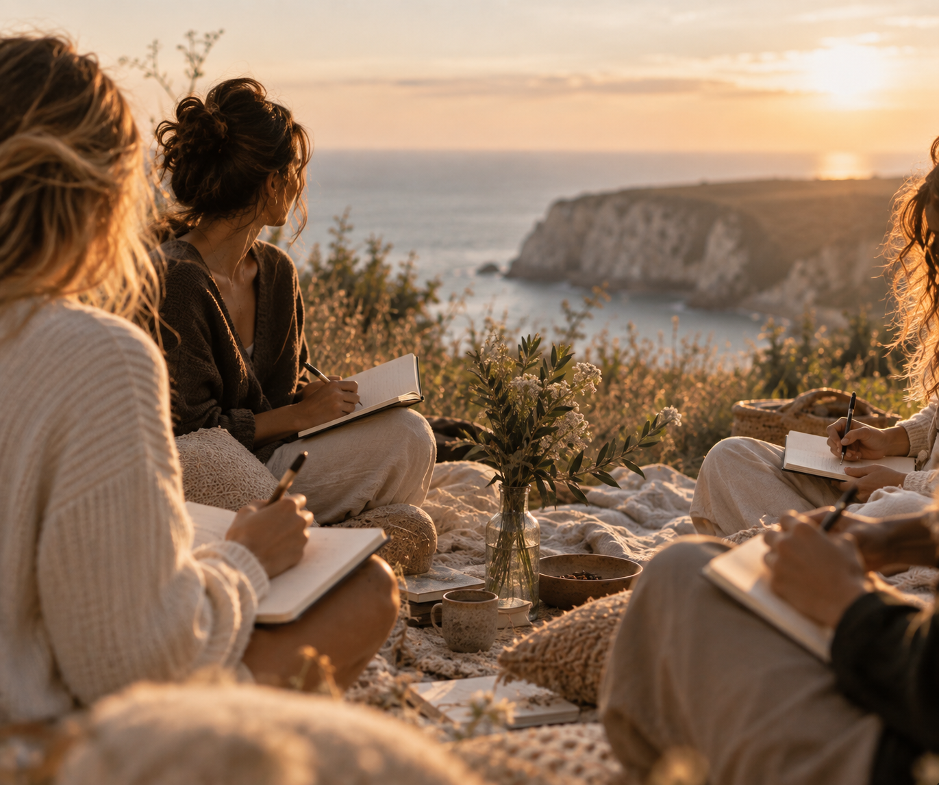 Groupe de femmes assises sur une plage, à l'extérieur, lors d'un coucher de soleil, en train de prendre des notes ou de dessiner, avec la mer et des falaises en arrière-plan.