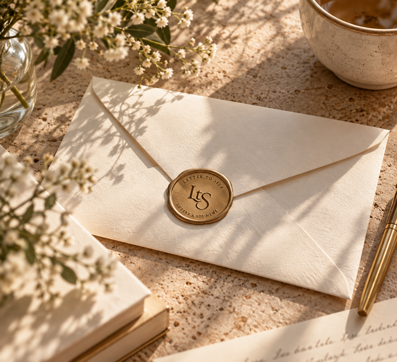 Une enveloppe blanche avec un sceau en cire doré portant les lettres 'lts' est posée sur une surface en pierre. Autour, il y a des fleurs blanches, un livre, une tasse beige, et un stylo doré.