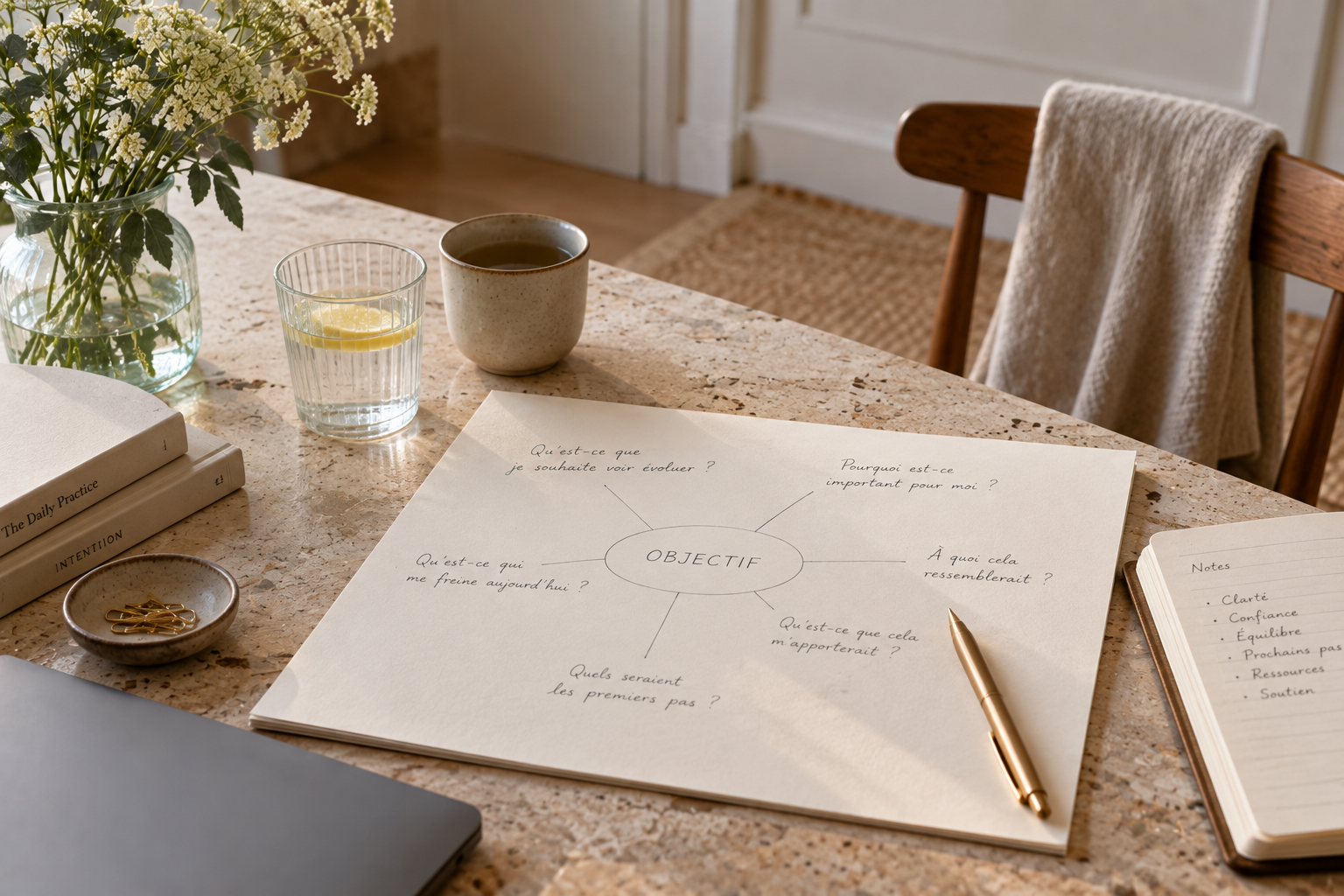 Table de travail avec un cahier ouvert contenant un schéma d'objectifs, un stylo en or, un carnet de notes, un verre d'eau avec un citron, une tasse, un vase avec des fleurs blanches, deux livres empilés, et une petite assiette avec des trombones. En arrière-plan, une chaise avec une serviette suspendue.