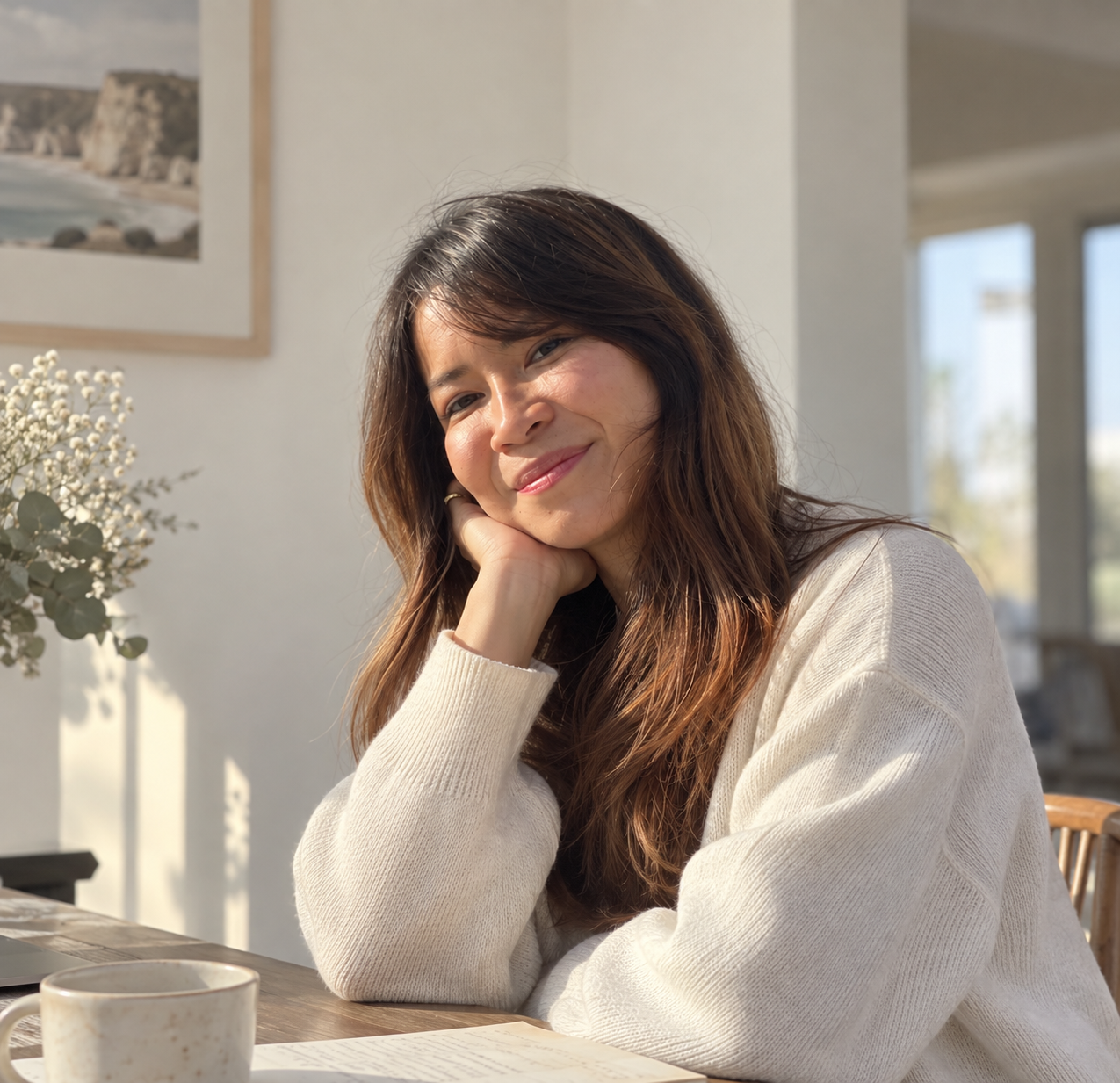 Une femme souriante assise à une table avec une tasse, dans un intérieur lumineux avec des fenêtres et une décoration florale.