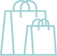 Two shopping bags with handles, outlined in light blue.