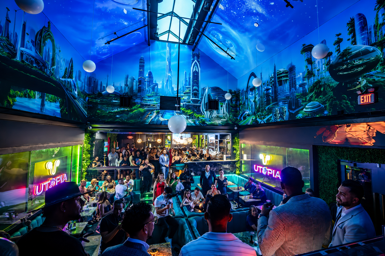 Interior of a vibrant nightclub with neon signs, teal booths, and a bar in the background, populated with people socializing and enjoying drinks.