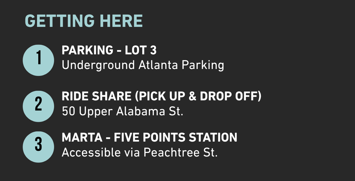 A sign showing three getting directions options in Atlanta, Georgia. 1. Parking at Underground Atlanta Lot 3. 2. Ride share pick up and drop off at 50 Upper Alabama Street. 3. Marta Five Points Station accessible via Peachtree Street.