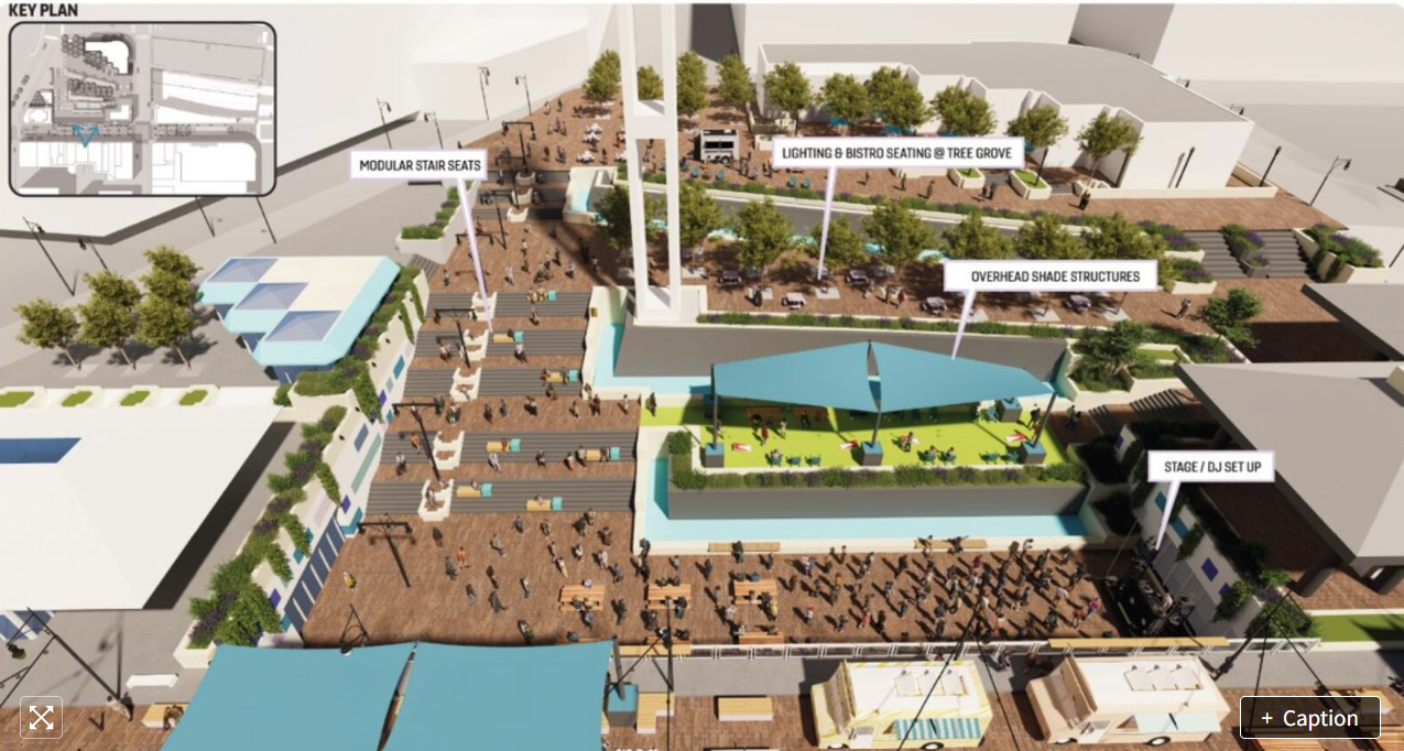 A 3D-rendered bird's-eye view of an urban outdoor public space with labeled features including modular stair seats, lighting and bistro seating at Tree Grove, overhead shade structures, a stage with DJ setup, and various pathways and seating areas with trees and people.