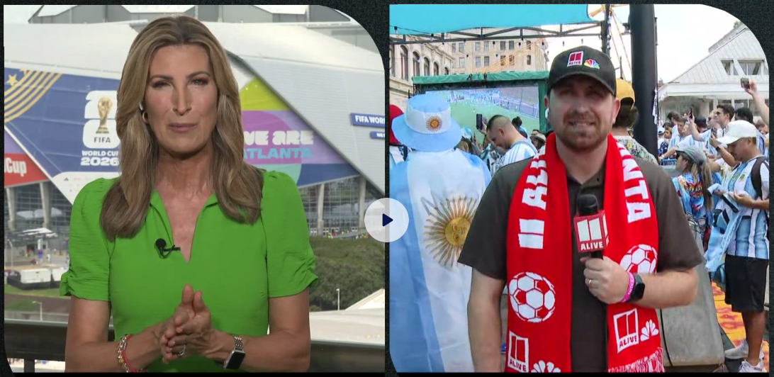 Split-screen of two people: on the left, a woman in a bright green shirt with a FIFA World Cup 2026 Atlanta backdrop; on the right, a man in a black shirt and cap holding a microphone, wearing a red scarf, at a sports event with a crowd and an Argentine flag in the background.